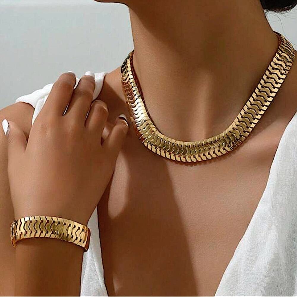 Gold Necklace Bracelet Set, Two Piece Set, Exaggerated